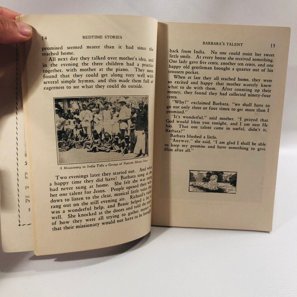 Barbara's Talent story pages with a missionary photo, Uncle Arthur's Bedtime Stories 1931