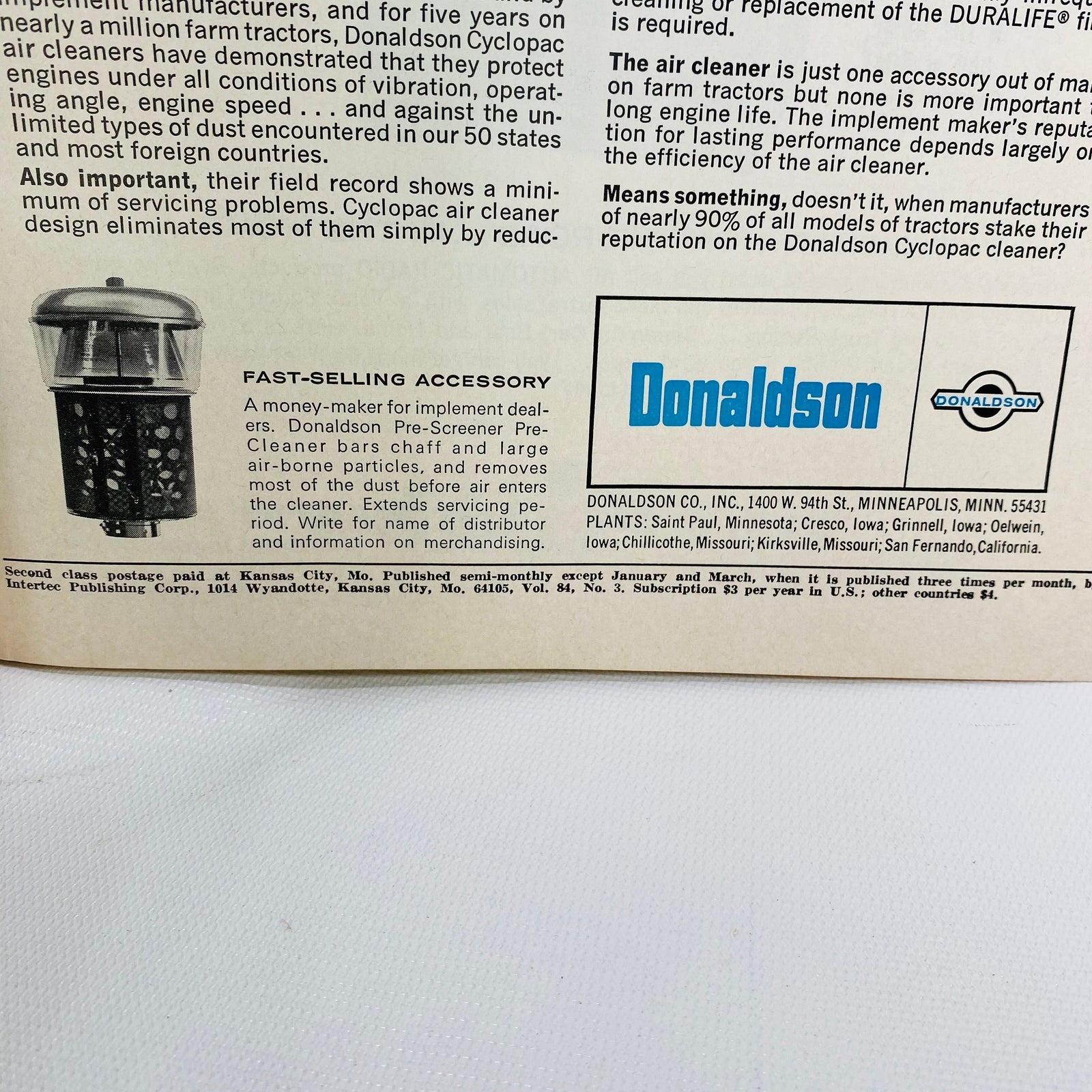 Donaldson air cleaner ad and Vol. 84 No. 3 imprint line, Implement & Tractor 1969
