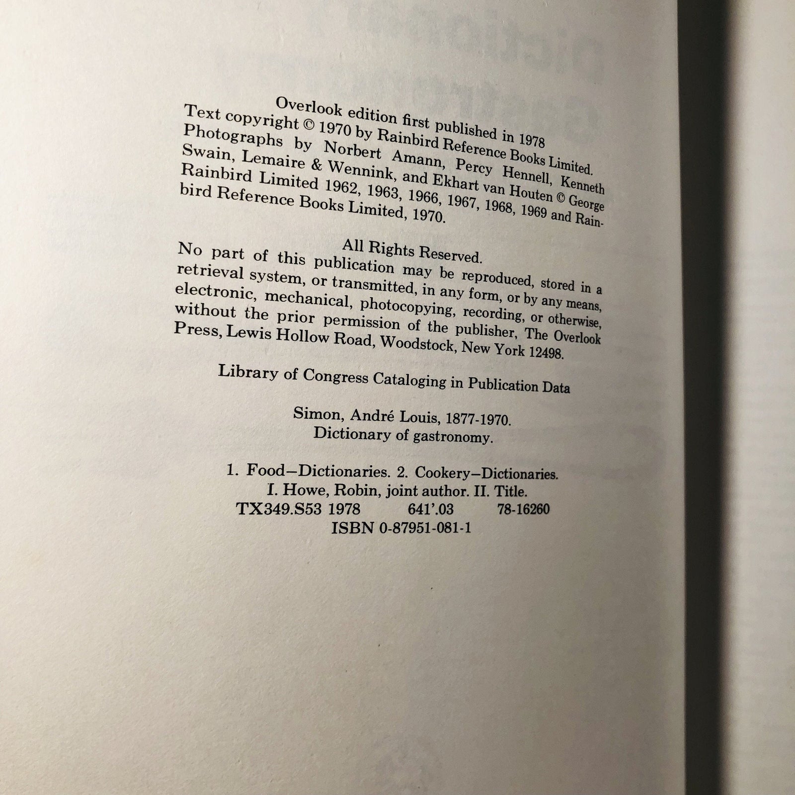 Dictionary of Gastronomy by Andre L. Simon 1970 A Vintage Cookbook