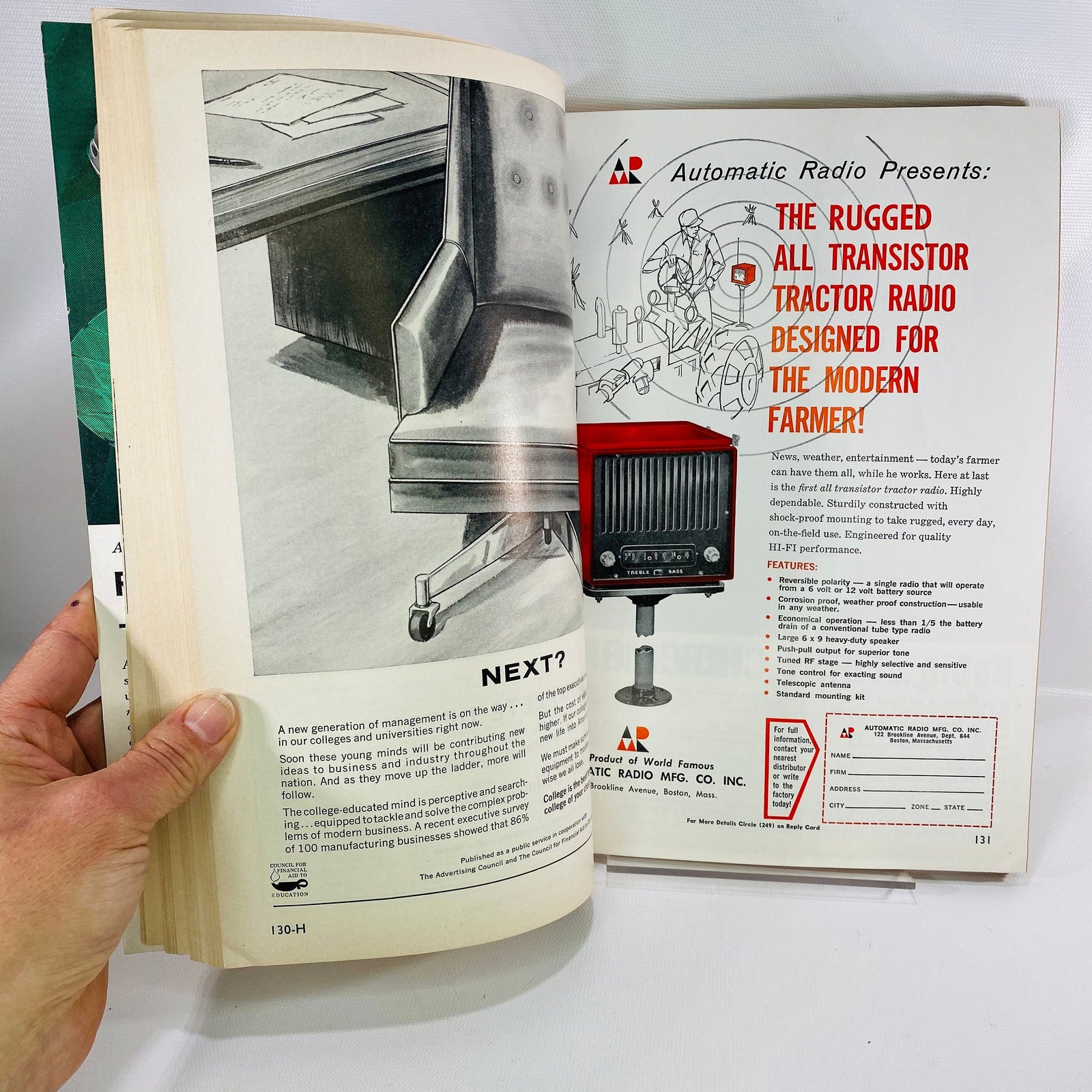 Automatic Radio all transistor tractor radio ad, Implement & Tractor 1964