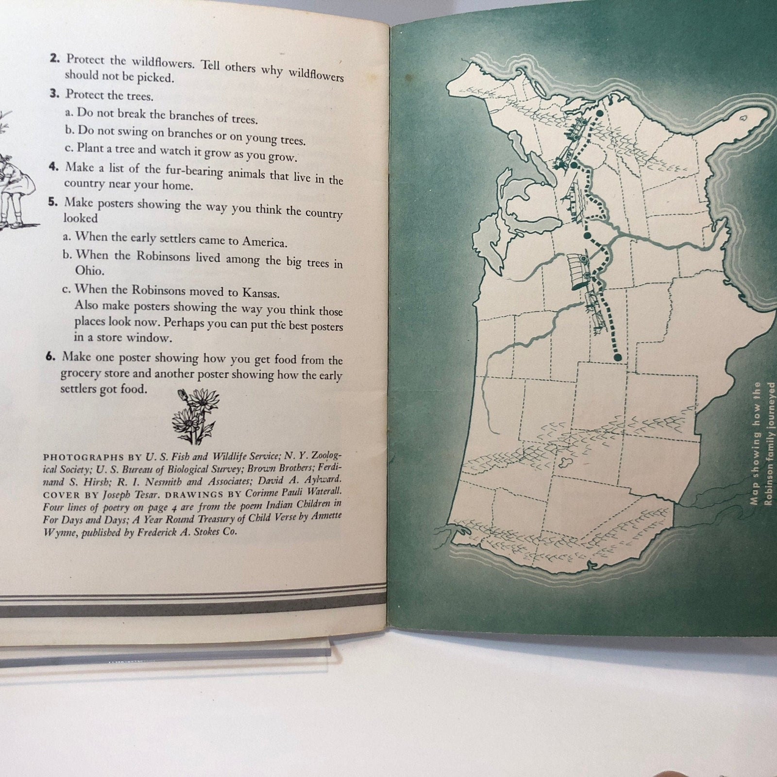 Activity list, photo credits and map of the United States, National Wildlife booklet 1953