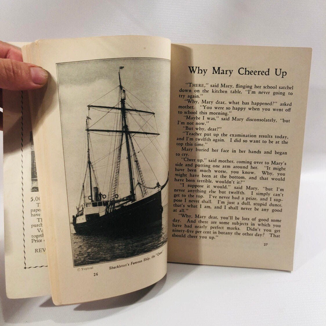 Why Mary Cheered Up story beside a photo of Shackleton's ship, Bedtime Stories 1931