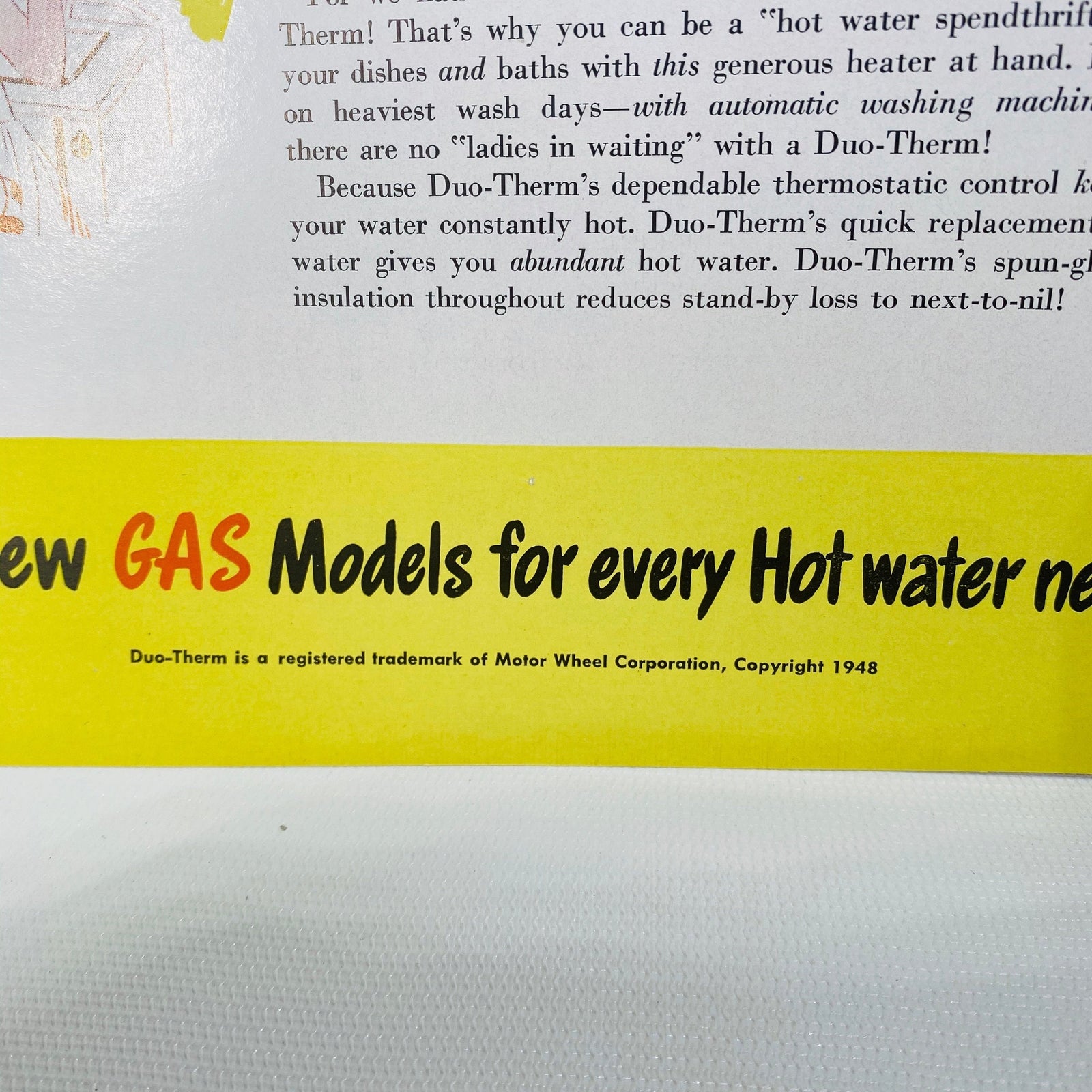 Advertising Pamphlet for Duo-Therm Gas Water Heaters by The Motor Wheel Corp of Lansing Michigan 1948