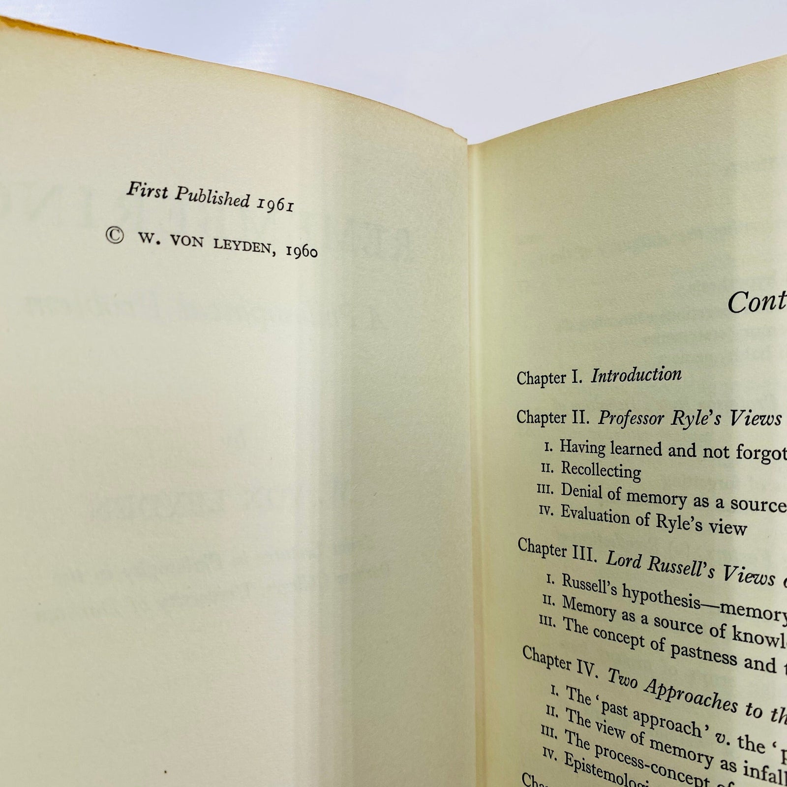 Remembering A Philosophical Problem by W. Von Leyden 1961 Vintage Book