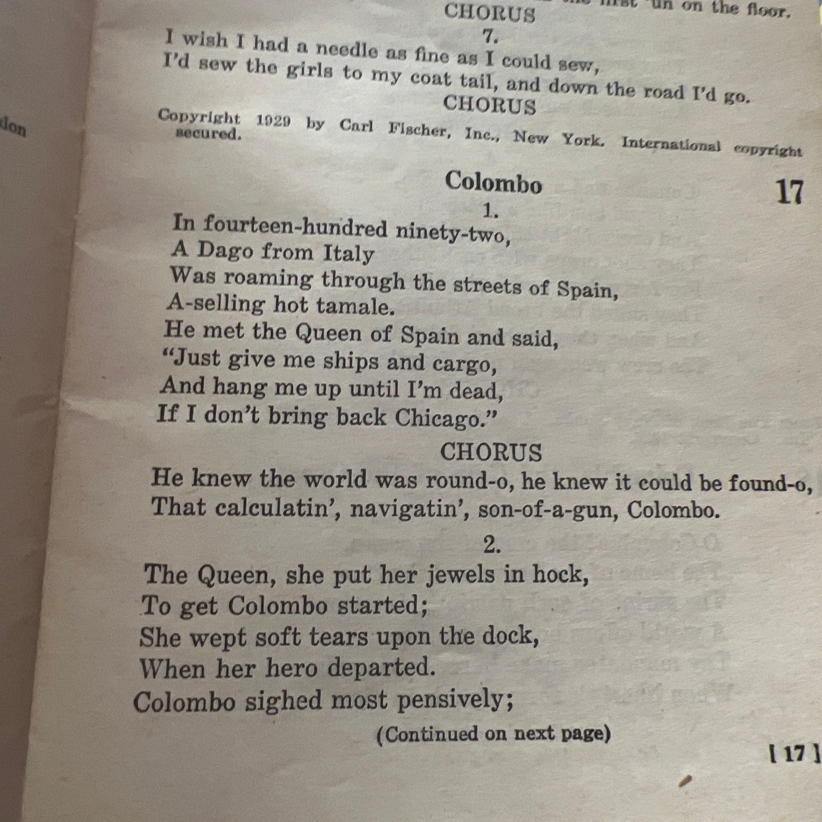Colombo song page 17 with a 1929 Carl Fischer copyright line, Army Song Book