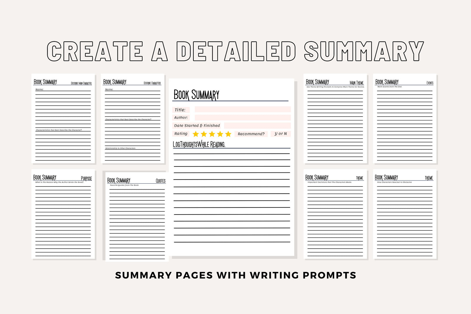 Book Review & Summary Template System Basic Writing Prompts for Book Club Quality Reviews Character Plot Event Quotes Printable Pages PDF A5