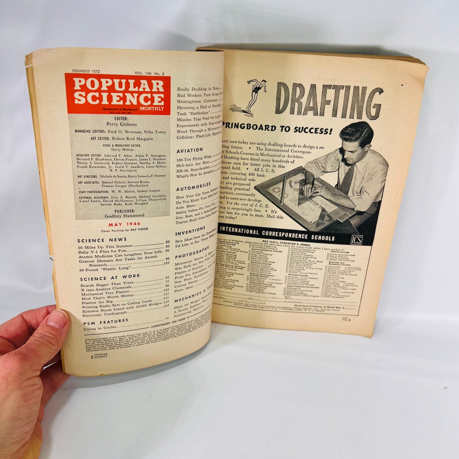 Popular Science Monthly May 1946 Volume 148 Number 5 Cover Art by Ray Pioch Aviation Auto Inventions Shop Craft Vintage Articles Advertising