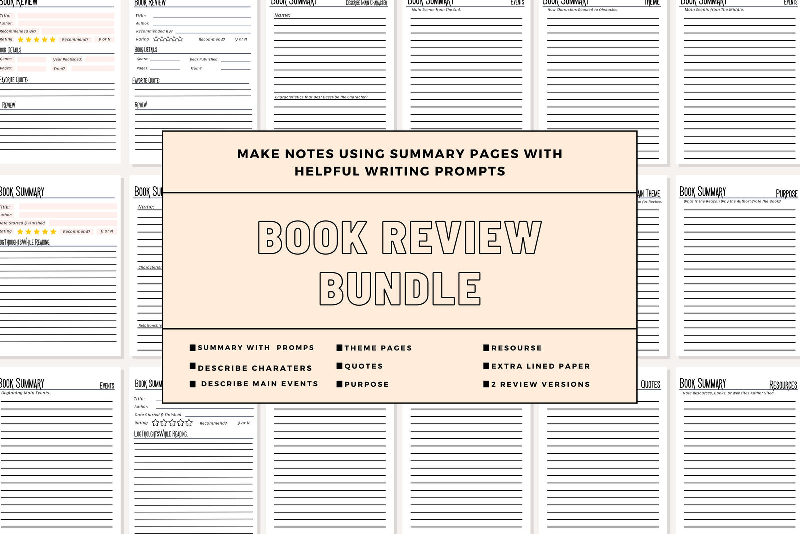 Book Review & Summary Template System Basic Writing Prompts for Book Club Quality Reviews Character Plot Event Quotes Printable Pages PDF A5
