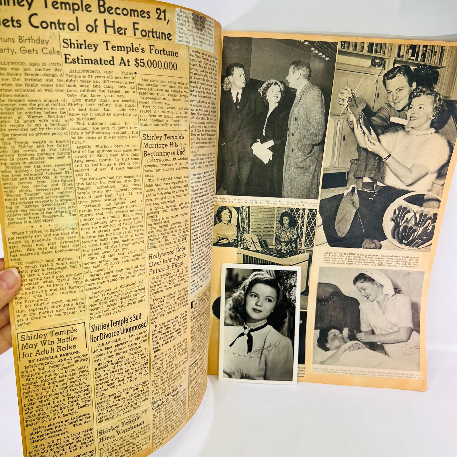 Shirley Temple Becomes 21 newspaper clipping and photos, fan scrapbook