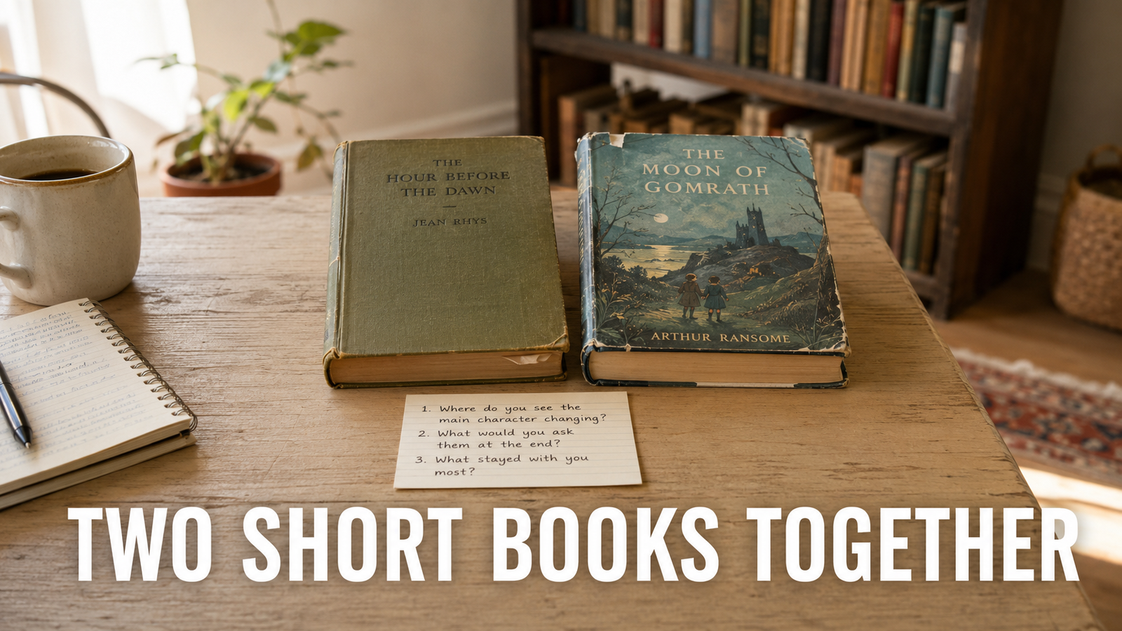 A slim vintage novel and an illustrated vintage children's hardcover side by side with a handwritten question card.