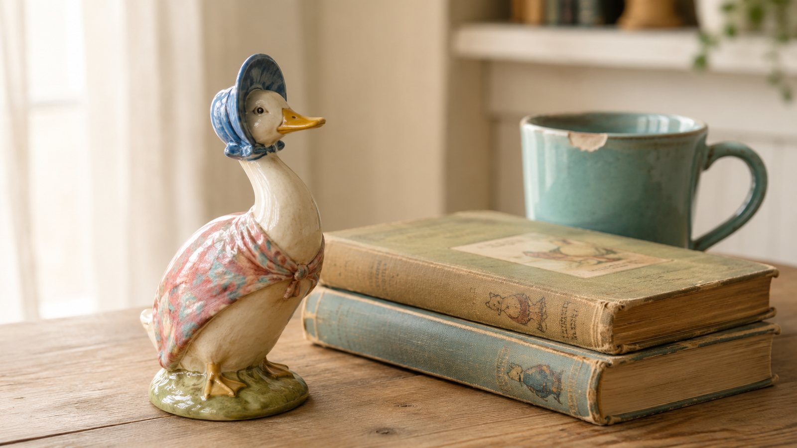 A Beswick Beatrix Potter figurine on a warm wood shelf in a modern home