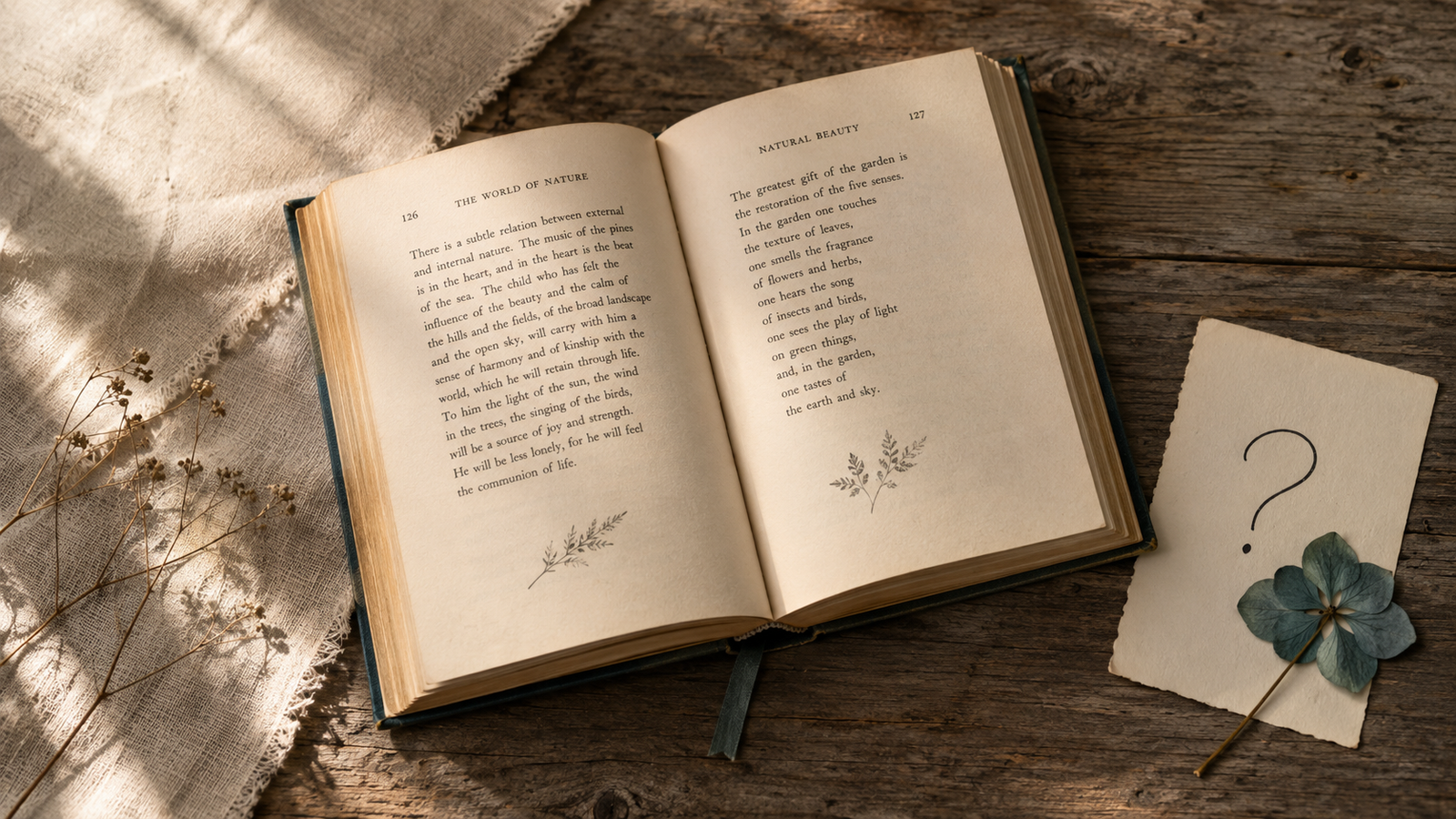 Open vintage hardcover with a handwritten question mark on a notecard, warm natural light.