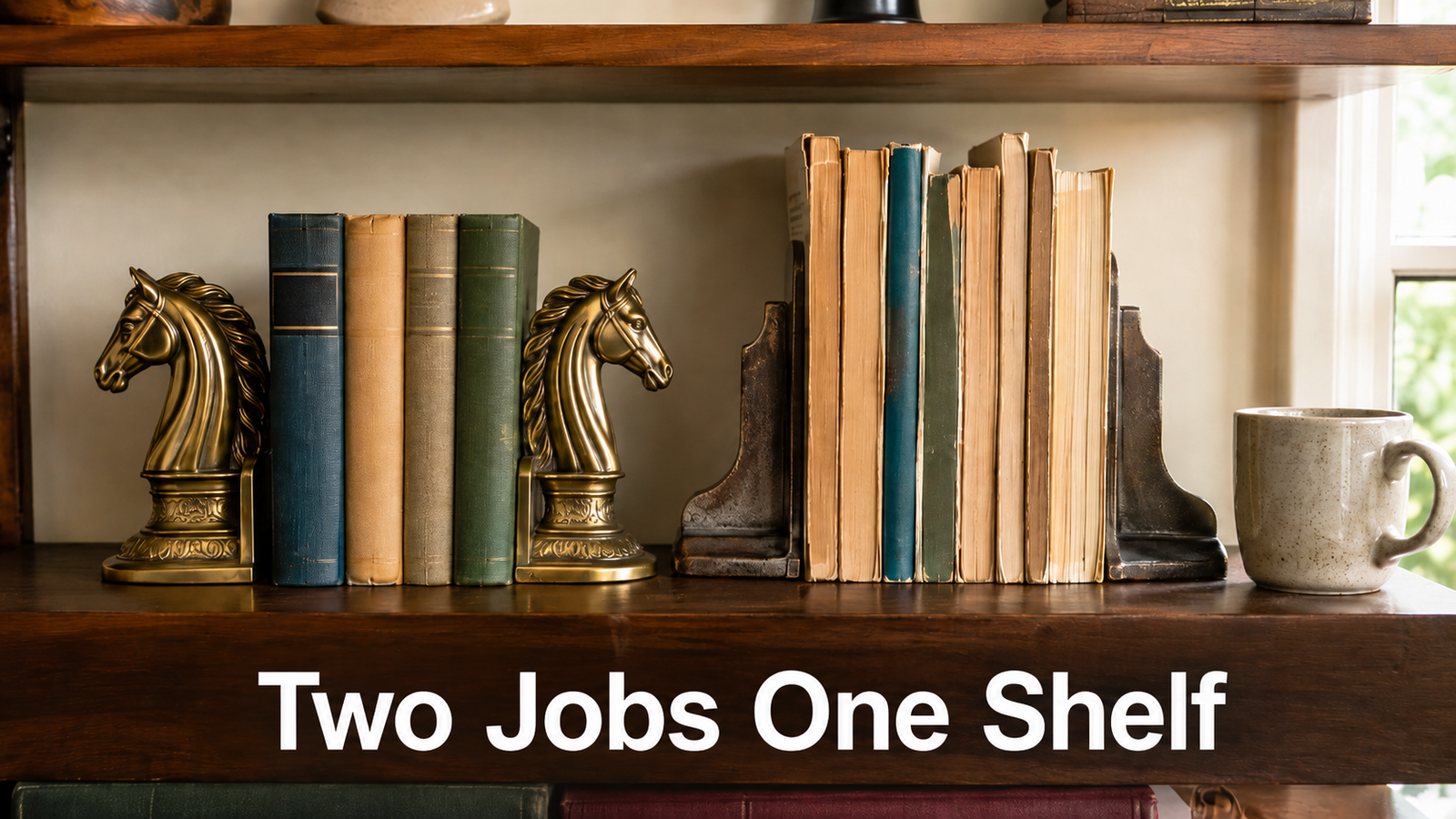 A brass decorative bookend pair and a worn cast iron bookend pair sit side by side on a wood shelf, showing the difference between a display pair and an everyday pair.