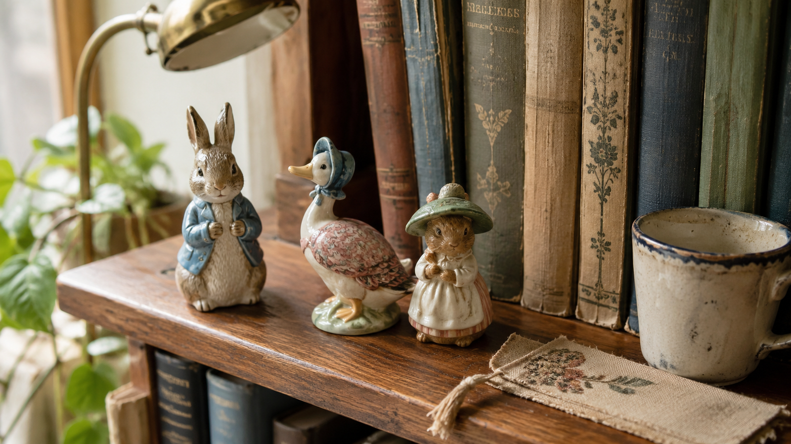 Hand turning over a Beswick Beatrix Potter figurine to check the backstamp on the base before pricing it"