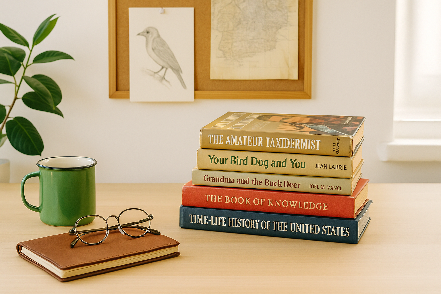 Sunlit desk with vintage books, green mug, notebook, and glasses in a cozy, nature-inspired workspace.