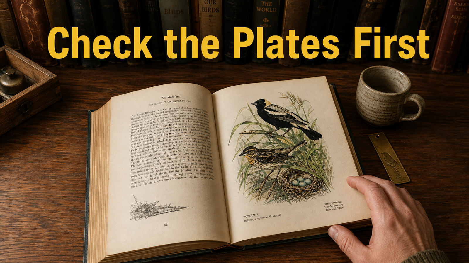 Close-up of a vintage color bird illustration from a large-format Audubon-style book, resting on a warm wood surface.