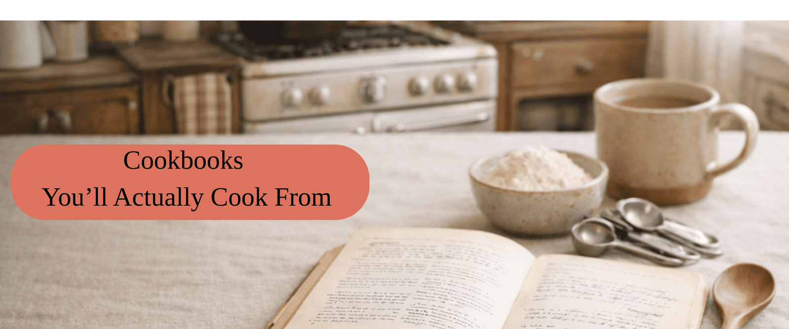 Open vintage cookbook on a linen-covered kitchen table with measuring spoons, flour, and a warm mug in a cozy vintage kitchen.