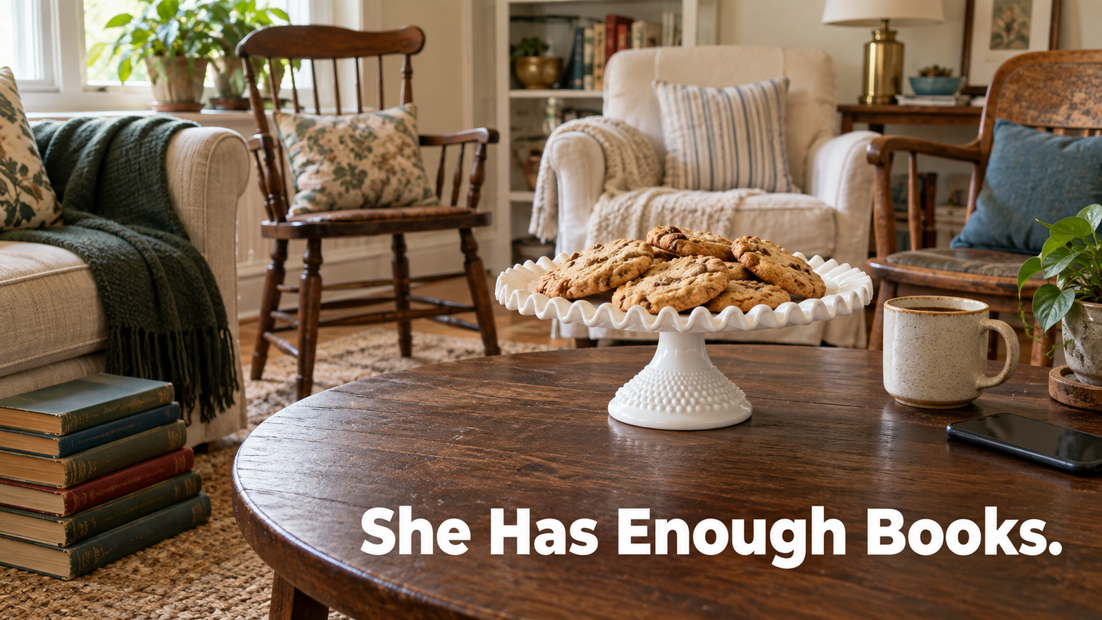 : a vintage glass cake stand holding cookies on a coffee table in a lived in living room, chairs pulled into a circle, ready for a book club evening