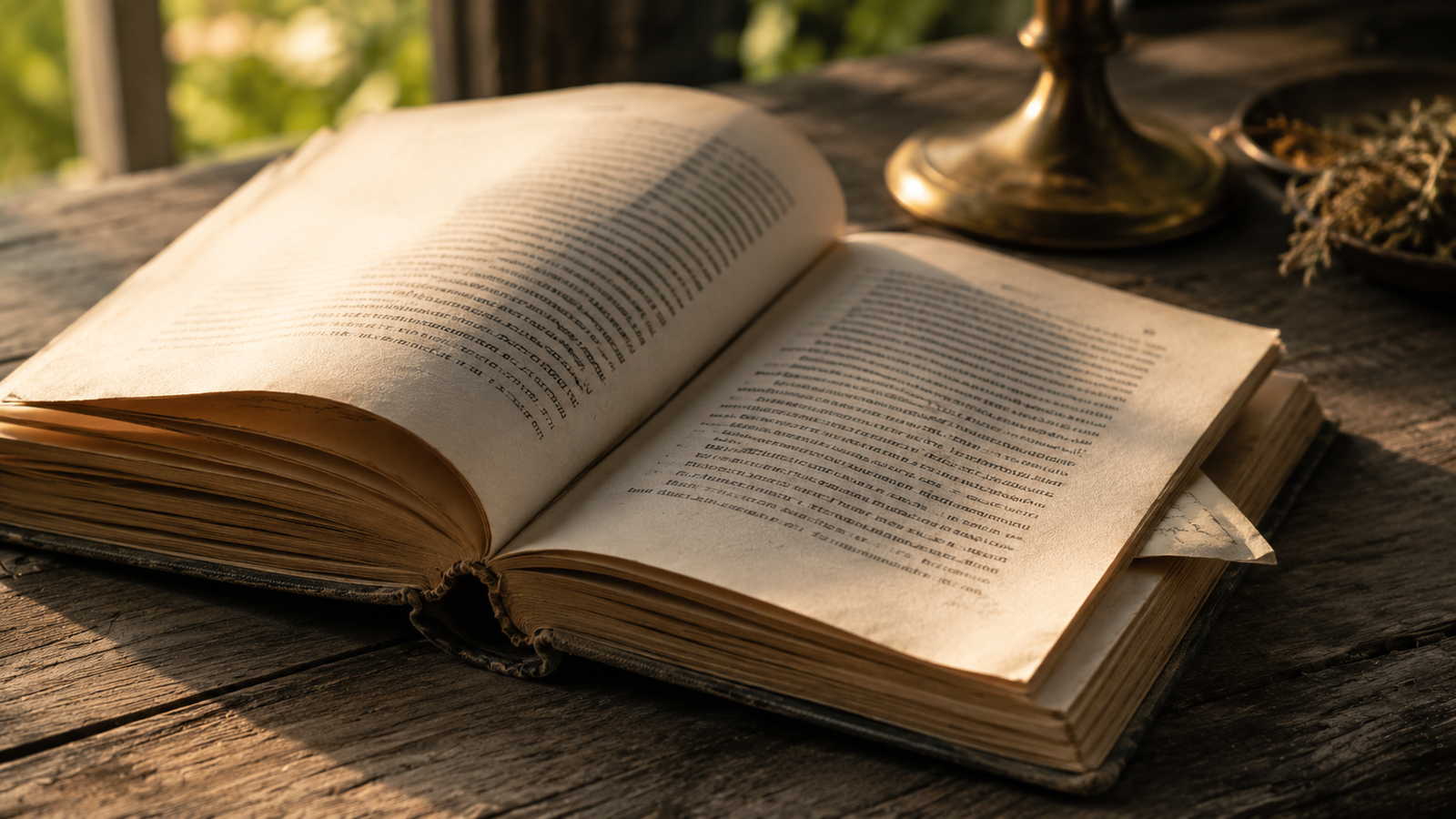  Open vintage hardcover book with a folded note tucked inside, resting on a worn wood surface in warm afternoon light.