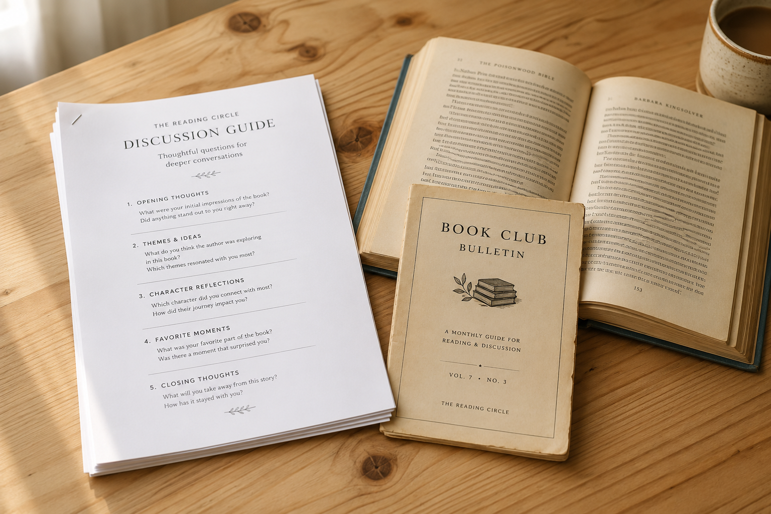 A vintage mid-century book club pamphlet lying open beside a hardcover book on a linen surface, showing aged cream paper and original printed text.