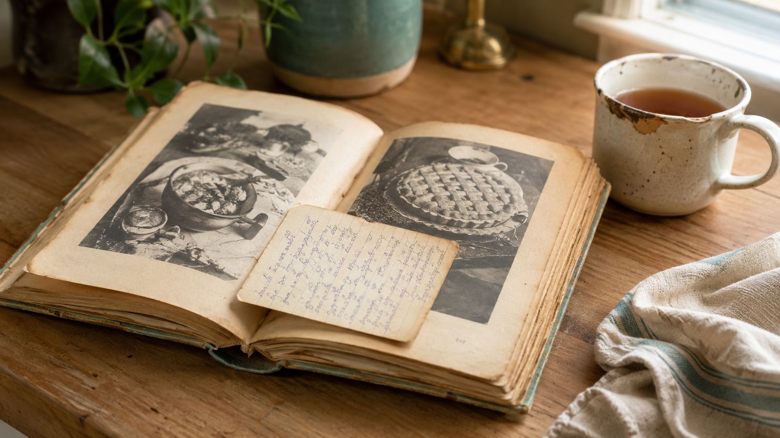 An open vintage community cookbook lying flat on a kitchen counter with a handwritten recipe card tucked inside.