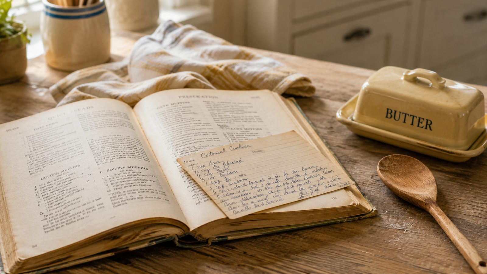 A well-used vintage cookbook open on a kitchen table with a handwritten recipe card tucked between the pages
