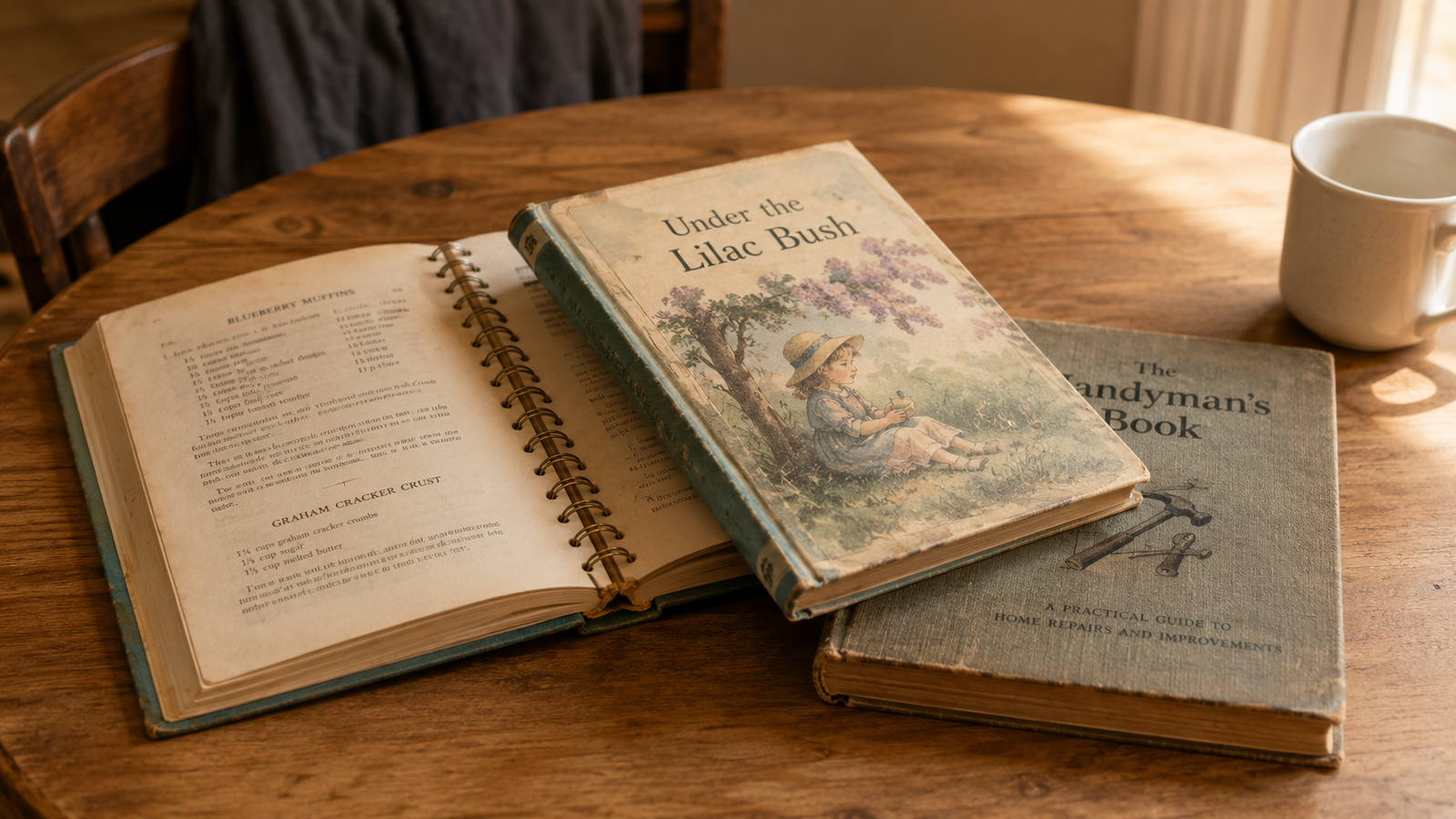 Three vintage books — a spiral-bound cookbook, an illustrated children's book, and a thick hobby manual — arranged naturally on a warm wooden kitchen table in warm afternoon light, evoking family memory and everyday reading life.
