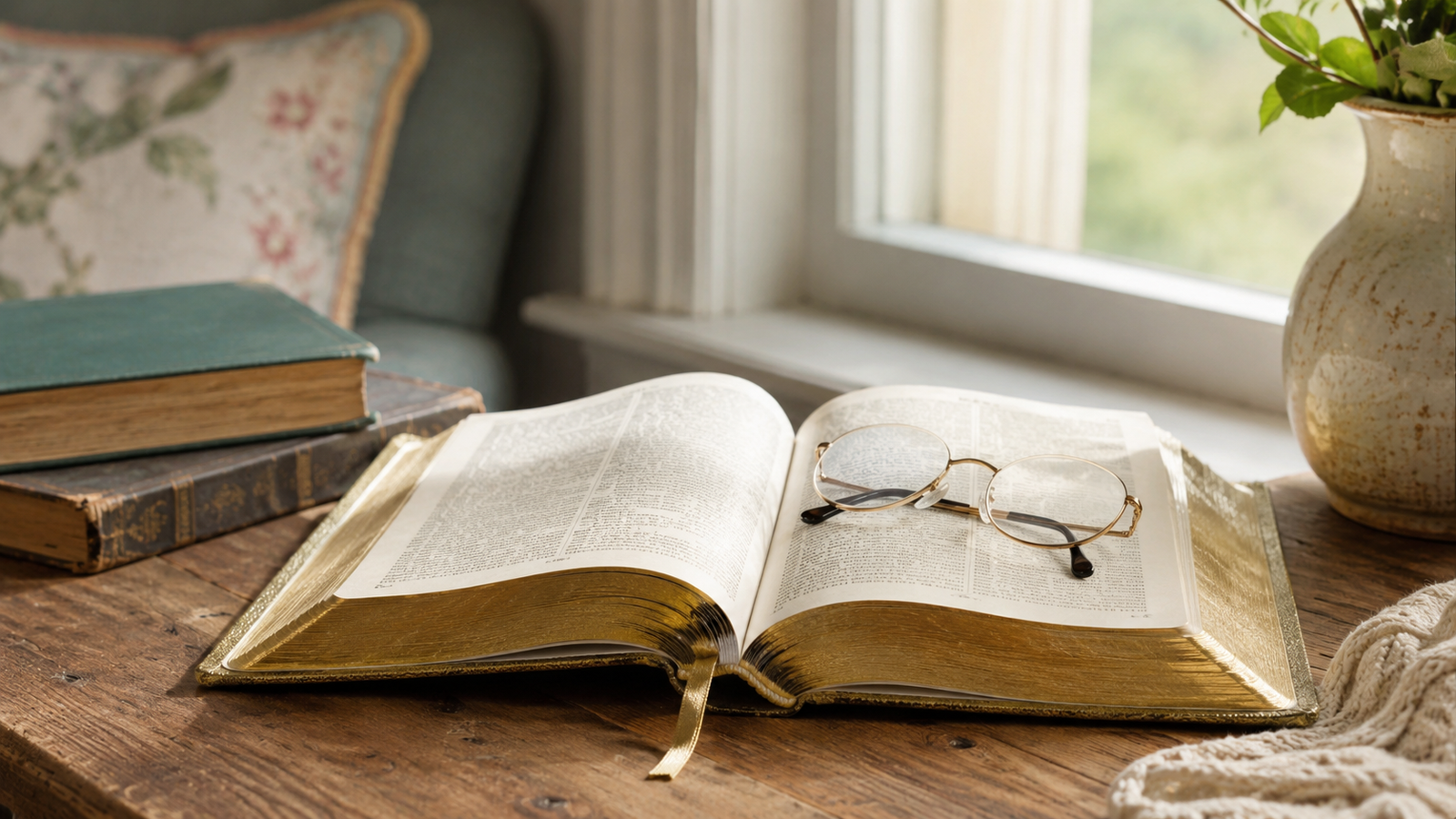 Worn leather family Bible with gilt edges open on a wood table in warm natural light.