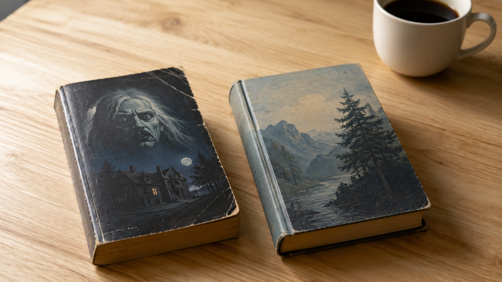 Two vintage books — a paperback and a hardcover — placed side by side on a light wood surface in warm morning light.
