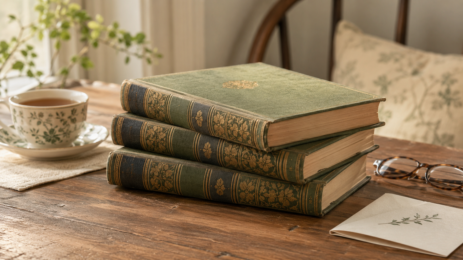 A small stack of matching vintage hardcover novels on a warm wood table in soft natural light, set for a book club.