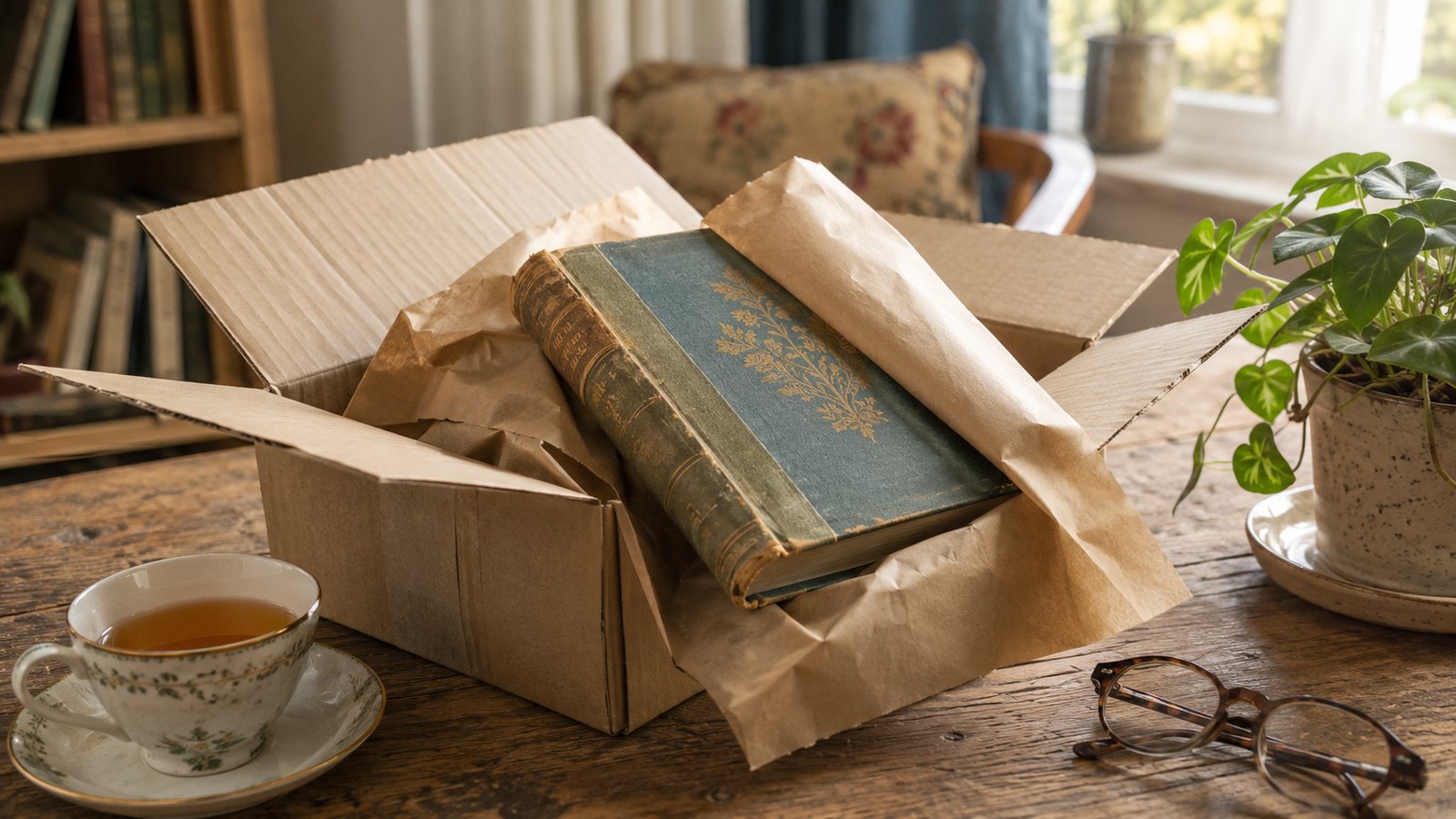 A vintage hardcover book being carefully unwrapped from its shipping box on a wooden table, its true condition visible in natural light.