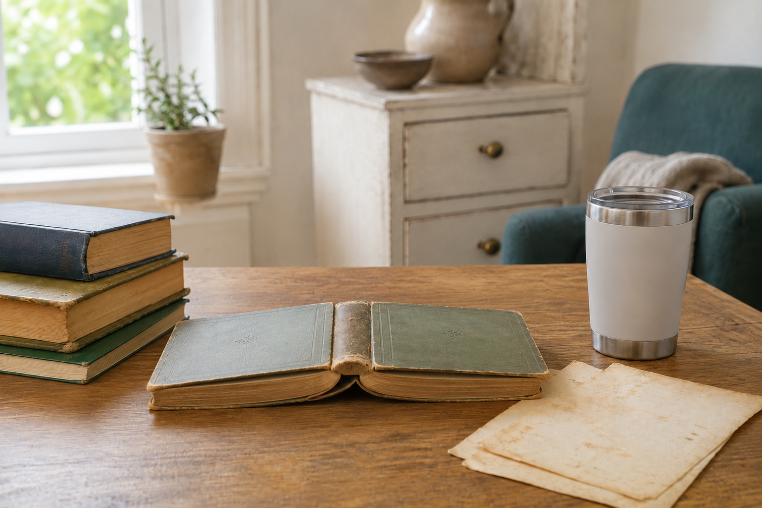 A vintage hardcover book lying open on a wood table, its worn spine and foxed pages visible in natural light.