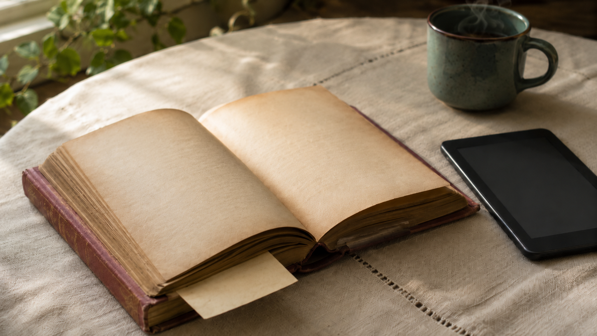 Open vintage hardcover with dusty-rose cloth cover and brass-gold lettering on warm ivory linen, beside a closed dark e-reader and a steaming teal mug in soft morning light.