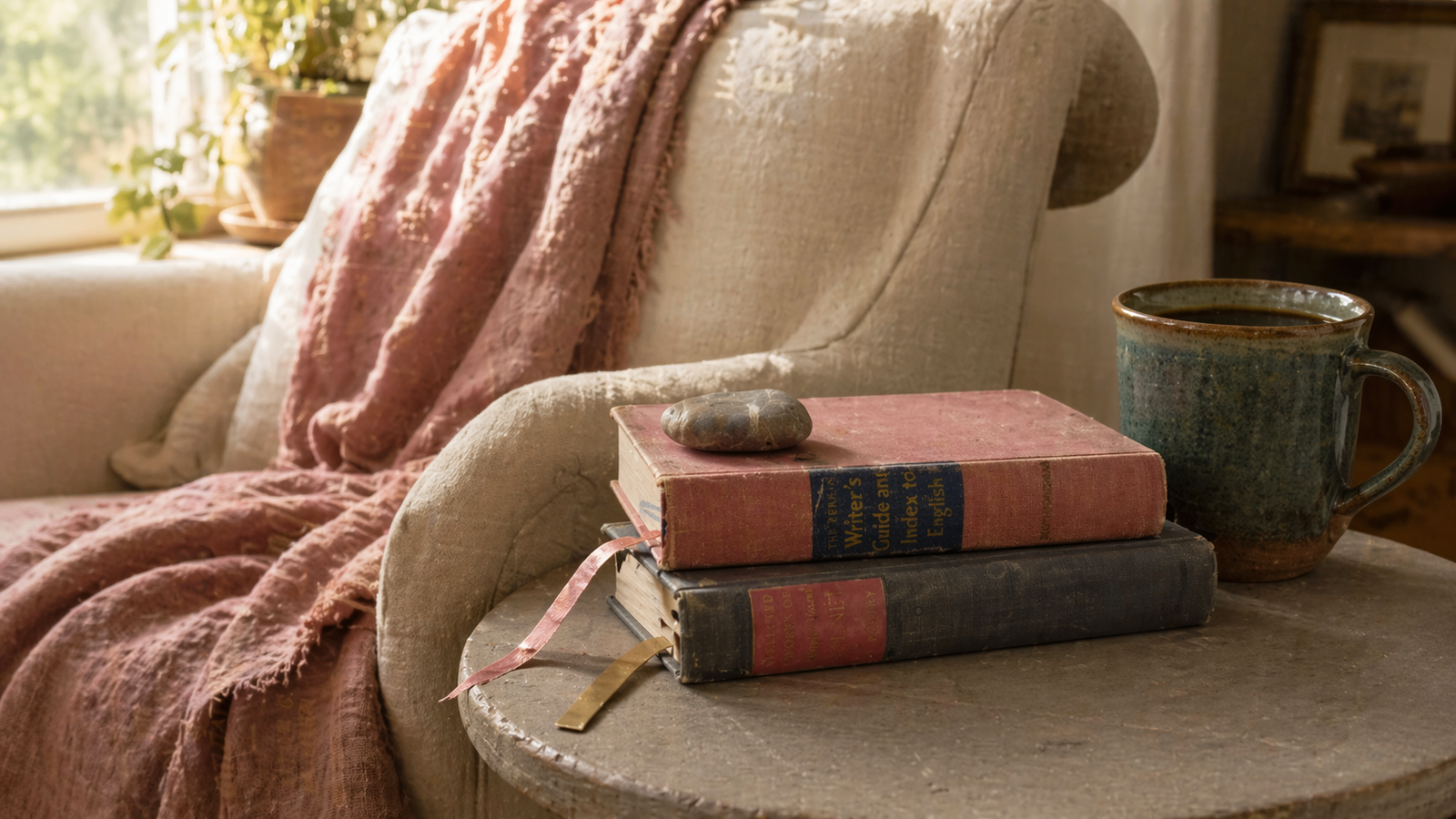 A warm ivory armchair with a dusty-rose throw beside a small table holding two vintage hardcovers, a teal mug, and polished rock in soft Sunday-morning window light.