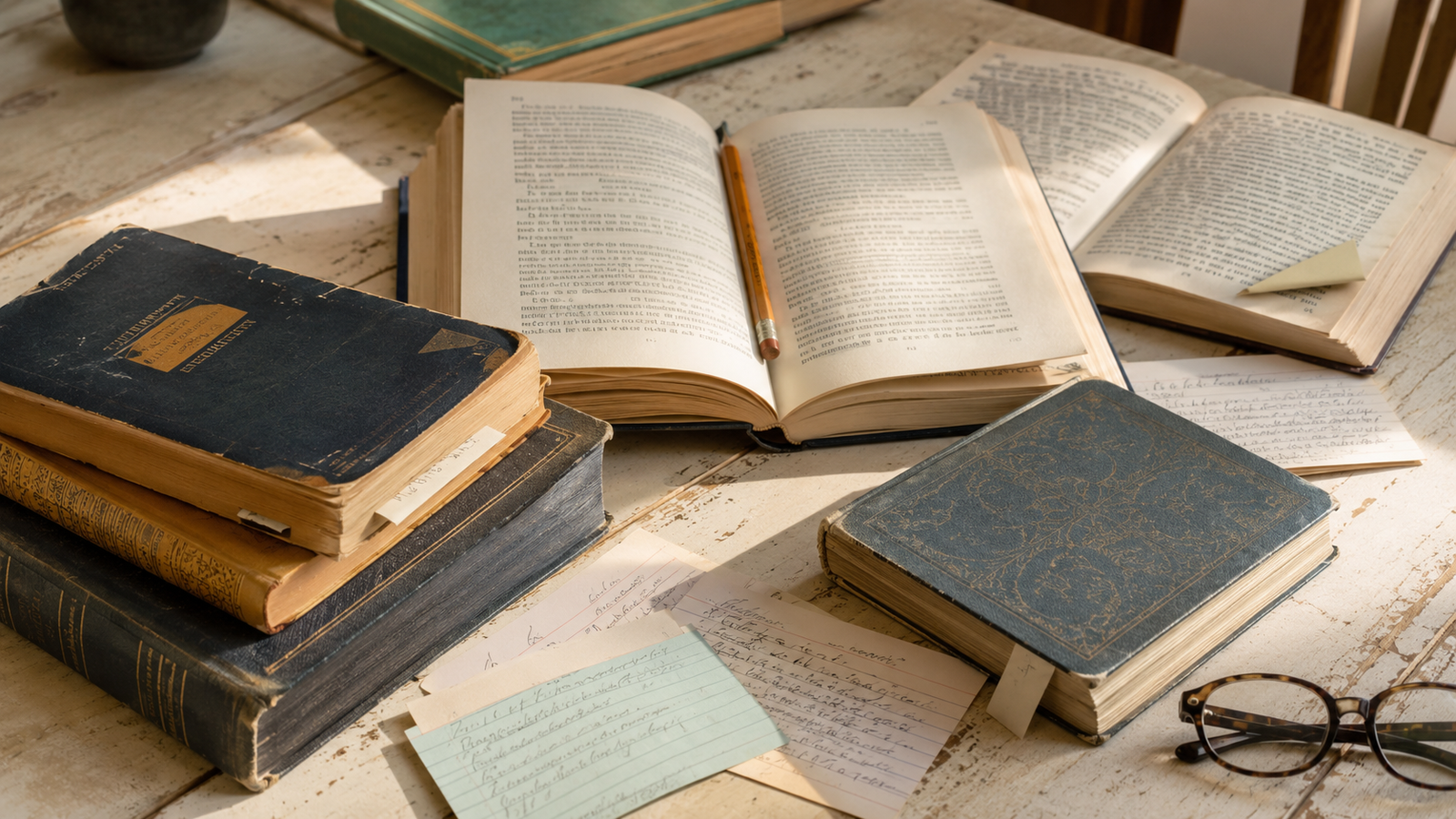 Vintage paperback and hardcover books spread open on a worn wood table with reading glasses, pencil, and handwritten notes.