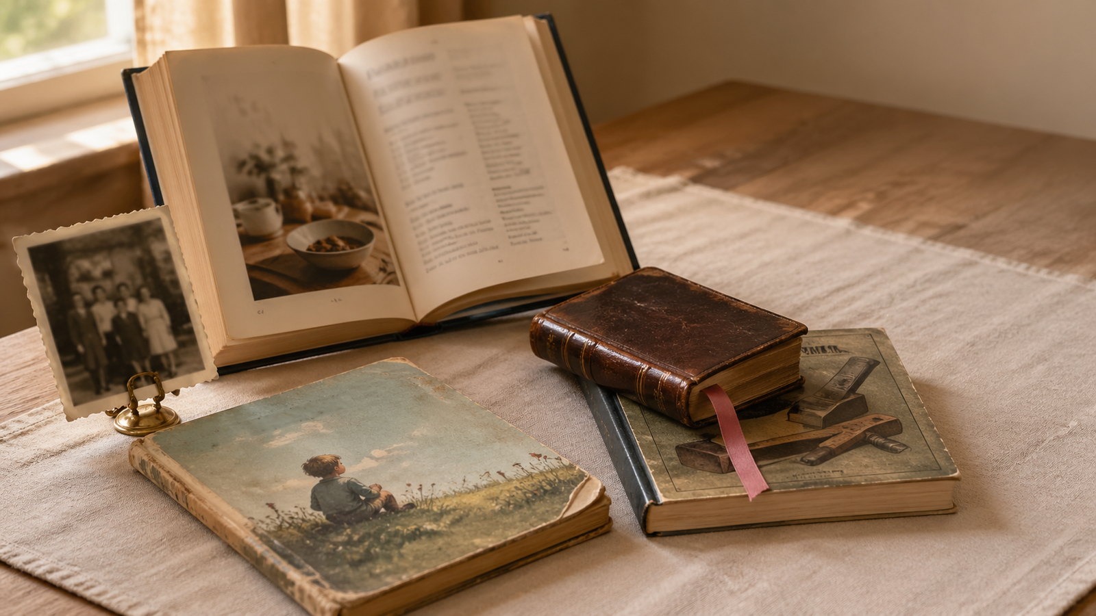 A small arrangement of vintage books — a child's picture book, an open cookbook, a leather-bound volume, and a workshop manual — beside a softly defocused family photograph on a warm wooden table.