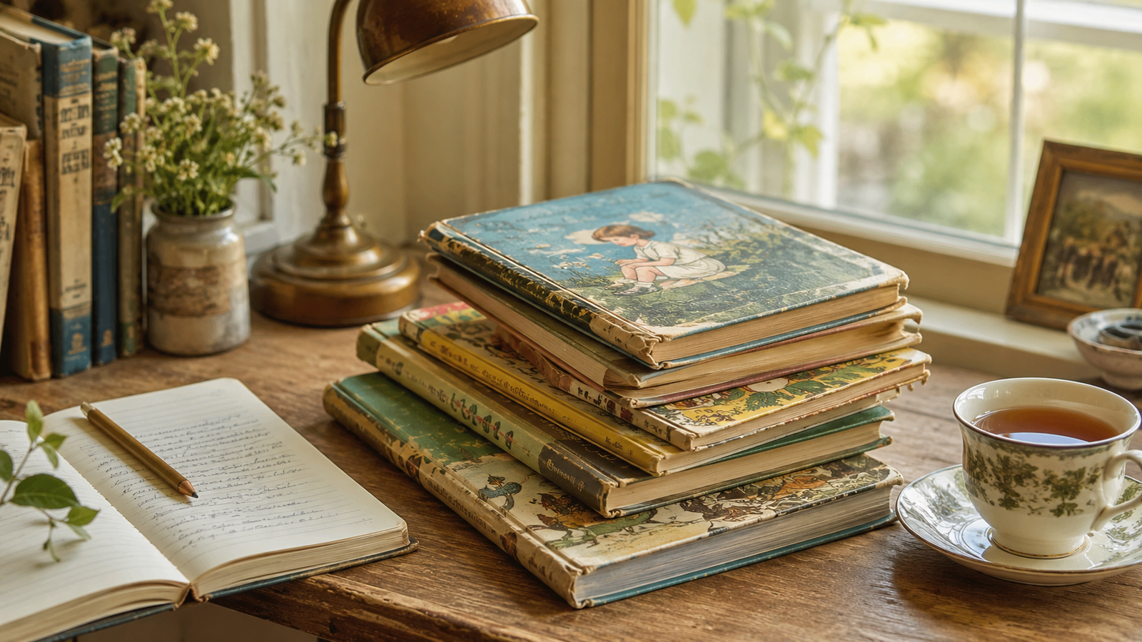Stack of worn vintage children's picture books on a wood shelf in warm natural light