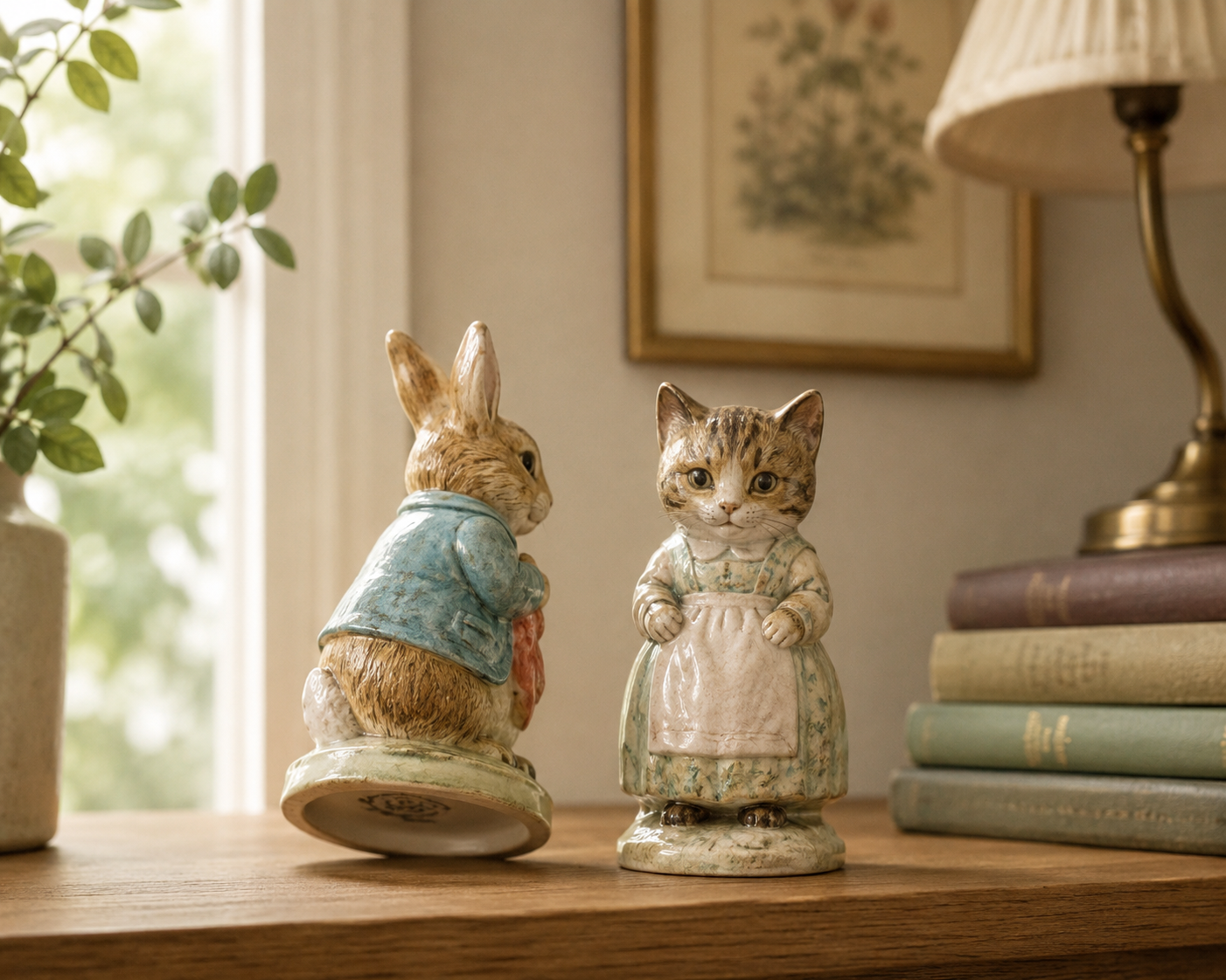 Two vintage ceramic Beatrix Potter animal figurines side by side on a wood shelf for comparison, warm home library setting.