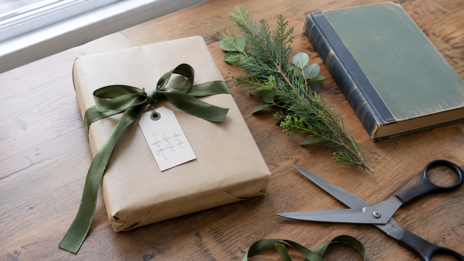 A vintage hardcover loosely wrapped in kraft paper with olive ribbon and a small gift tag on a bright surface.