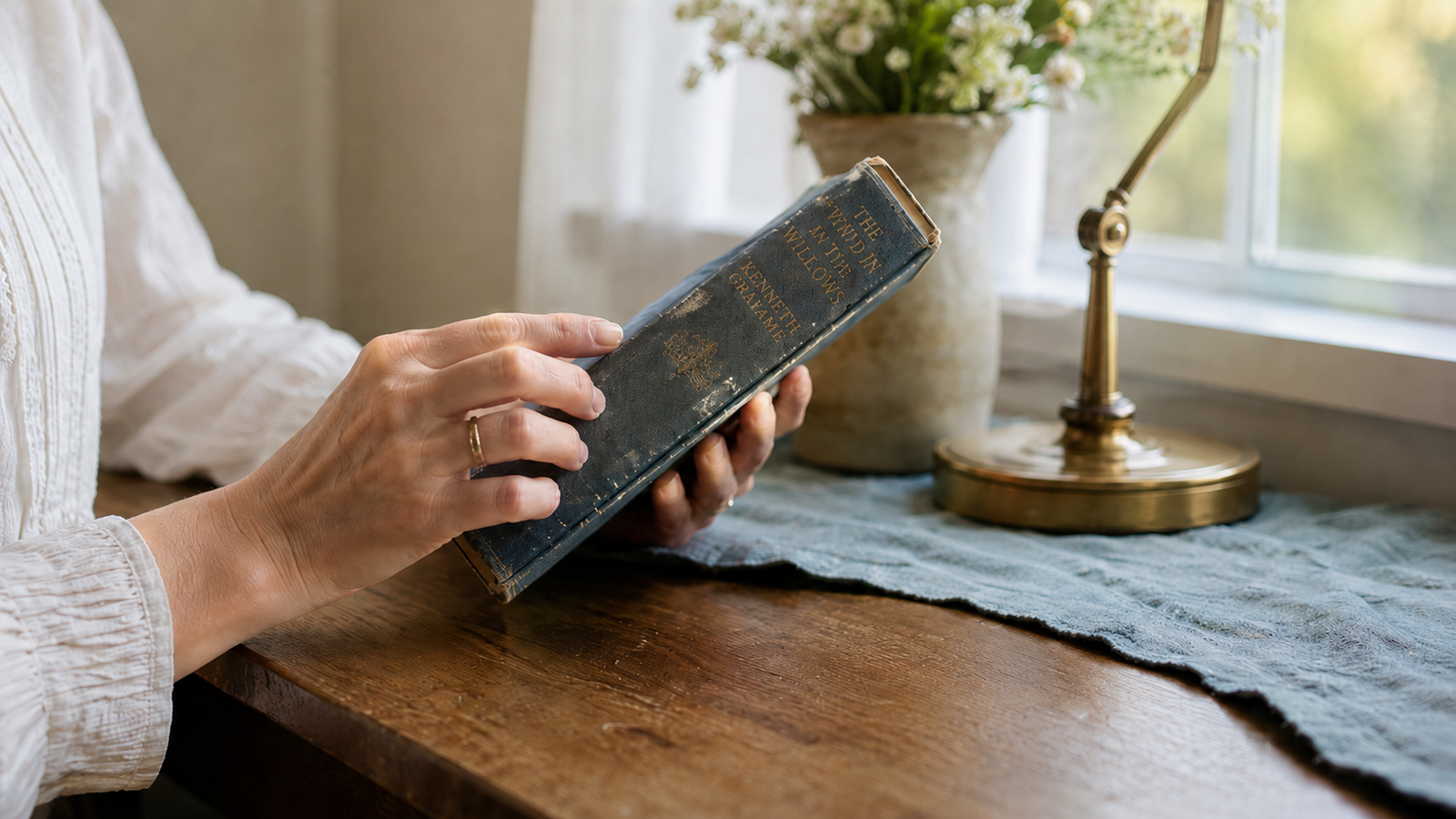  A pair of hands carefully examining the open pages of a worn vintage hardcover book on a warm ivory linen surface, in the style of an honest vintage bookseller's condition review.