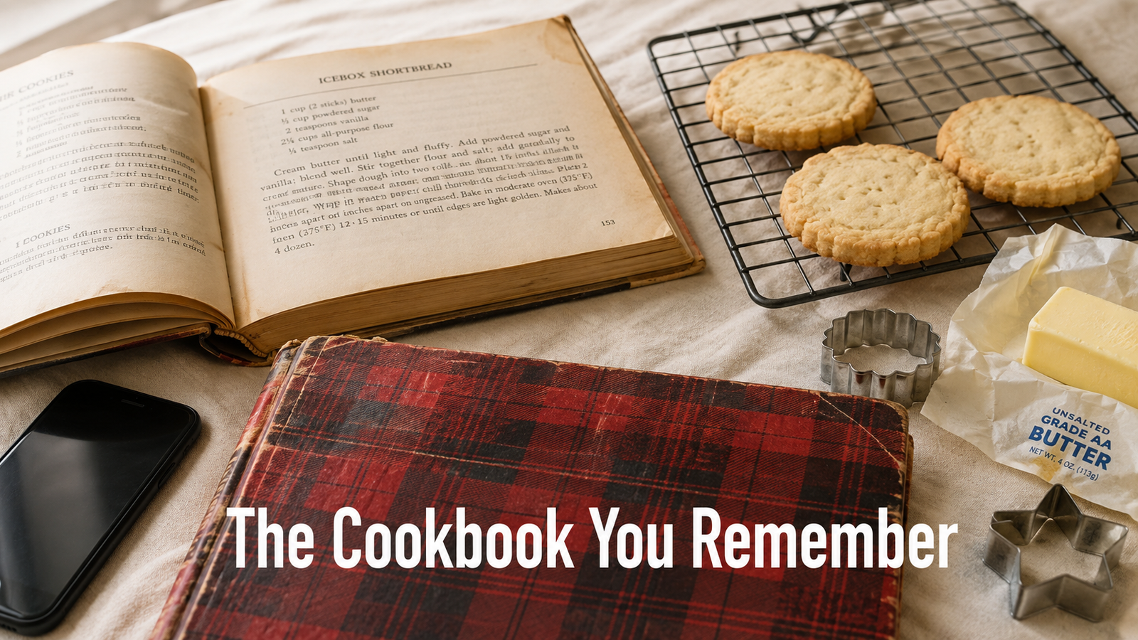 Cooky Cookbook open on a cream linen surface with golden cookies and baking items nearby.