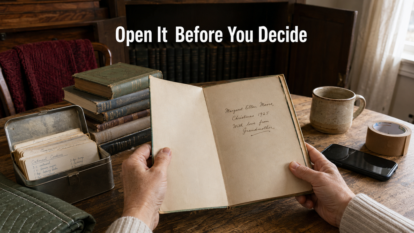 Two hands hold an old hardcover open to the front endpaper, where a name and date are written in faded ink, on a dining table partway through an estate sorting.