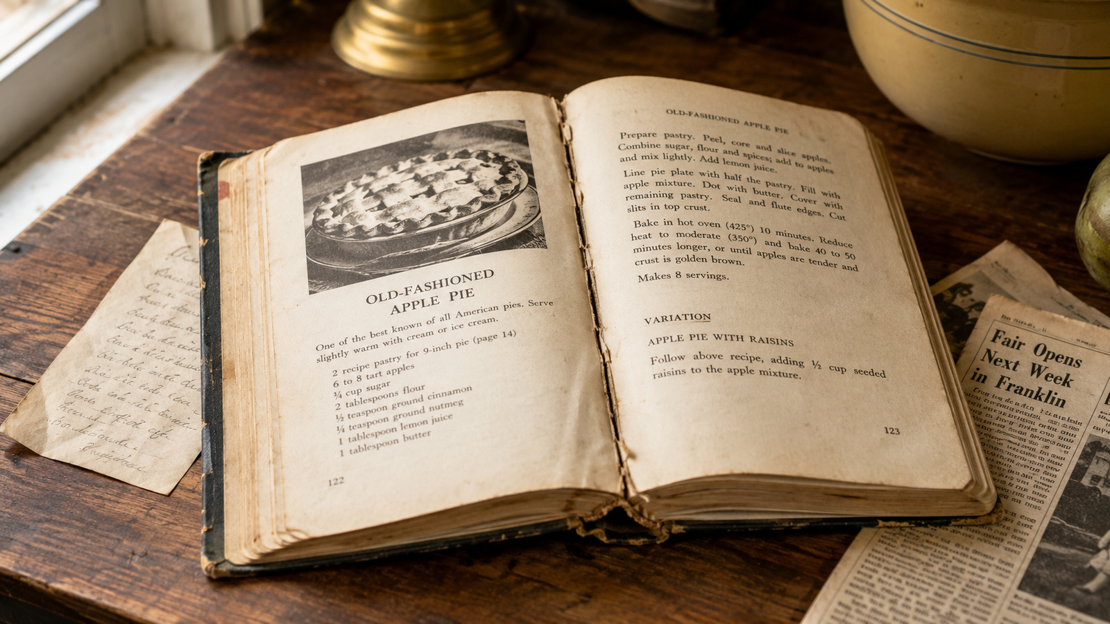 Well-worn vintage cookbook open on a wood table with a folded newspaper clipping and handwritten note visible, warm window light.