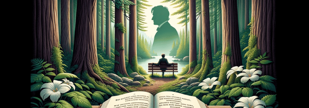 A tranquil forest illustration with an open book on a bench, highlighting Emerson's silhouette and quote.