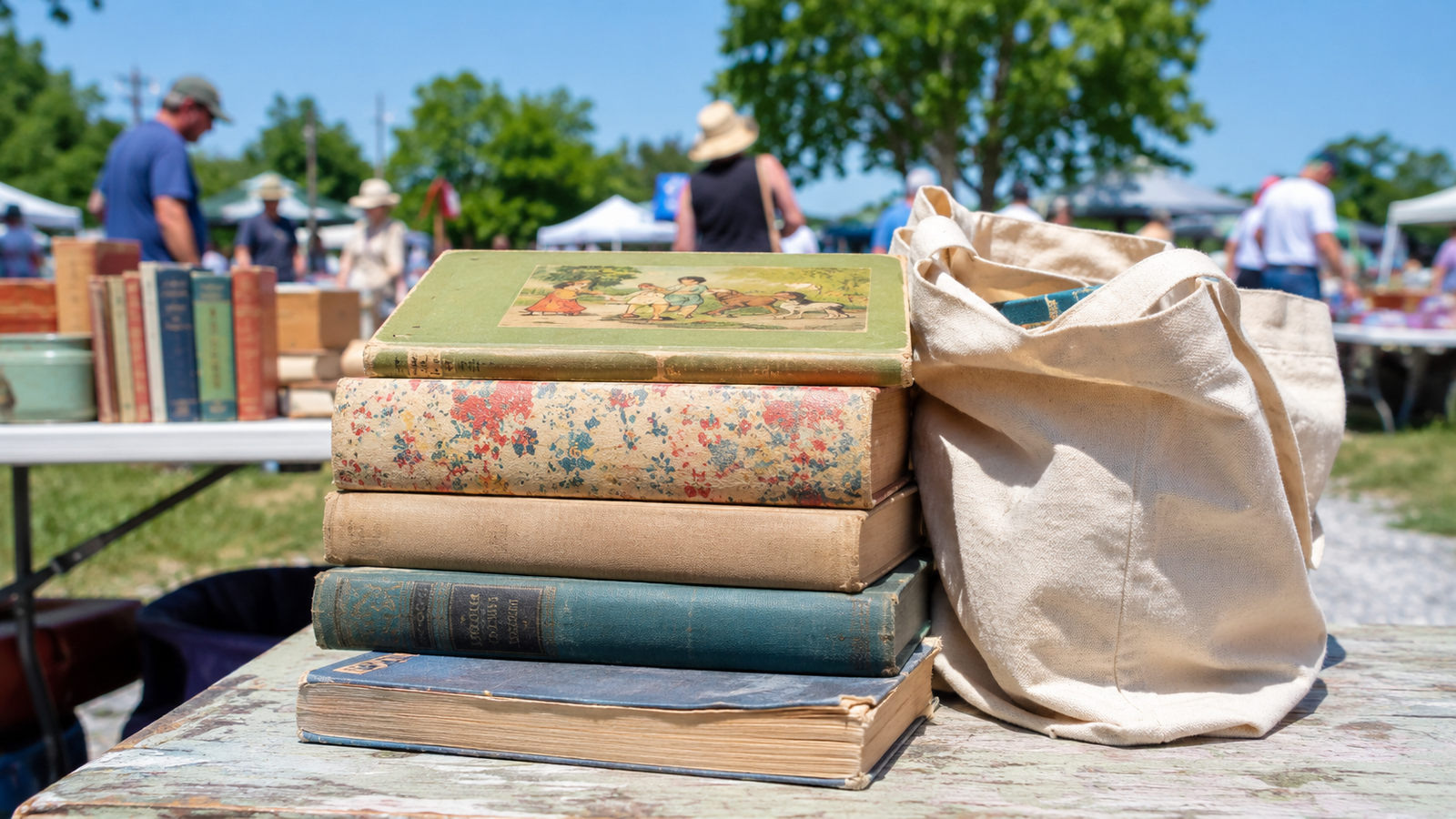 A varied stack of well-loved vintage books fanned together with summer greenery on a bright surface.