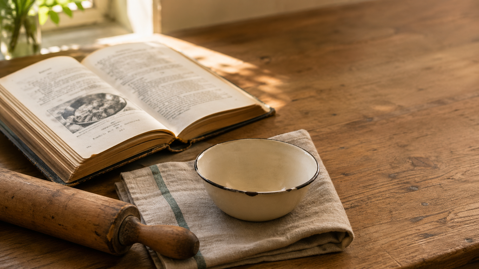 A vintage cookbook lying open beside a small enamelware mixing bowl and a wooden rolling pin on a warm kitchen counter — a book and a subject-linked object sharing the same memory.