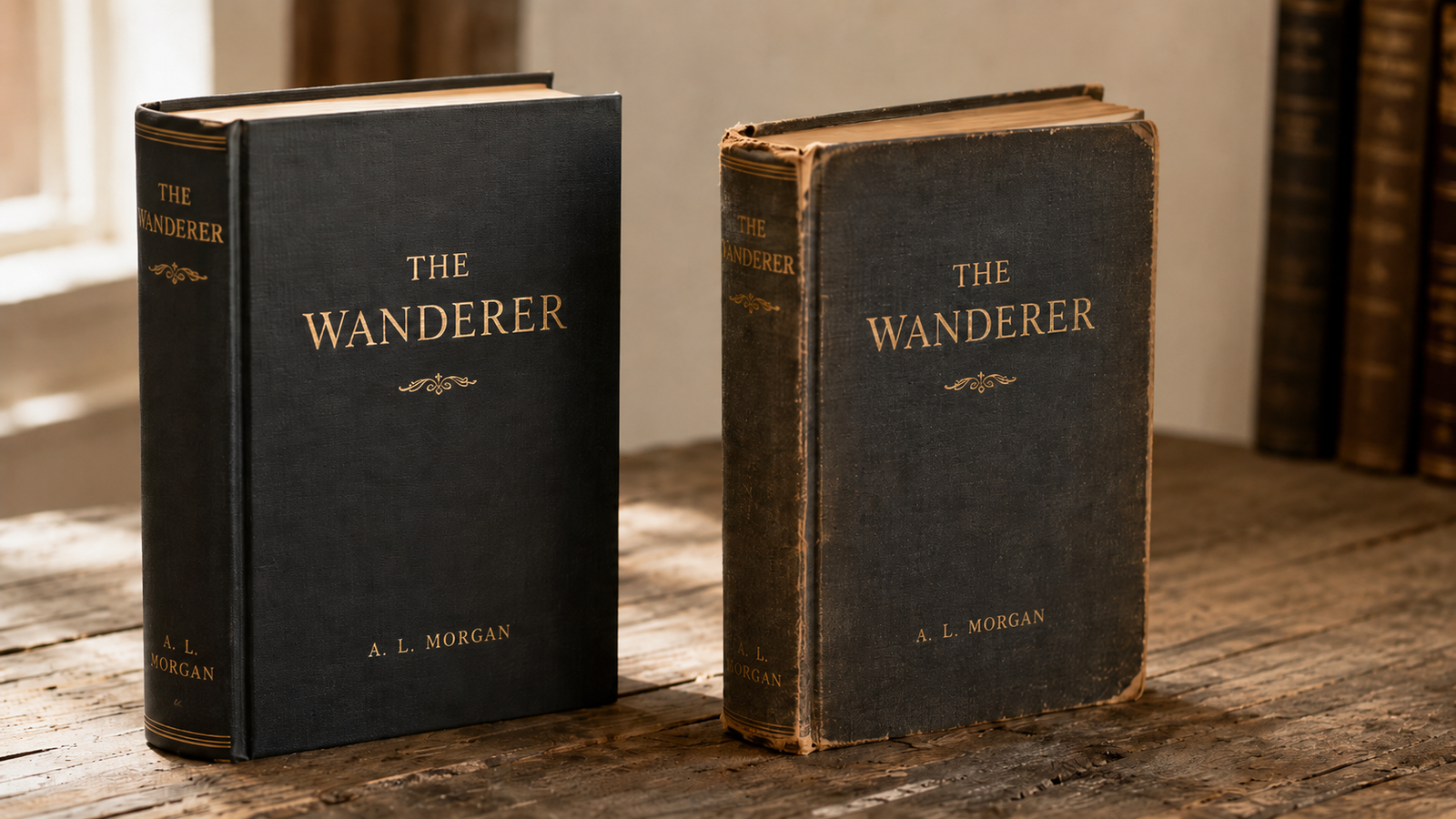 Two copies of the same vintage book side by side — one collector-condition pristine, one well-worn with a personal inscription — showing the difference between a collector copy and a memory copy.