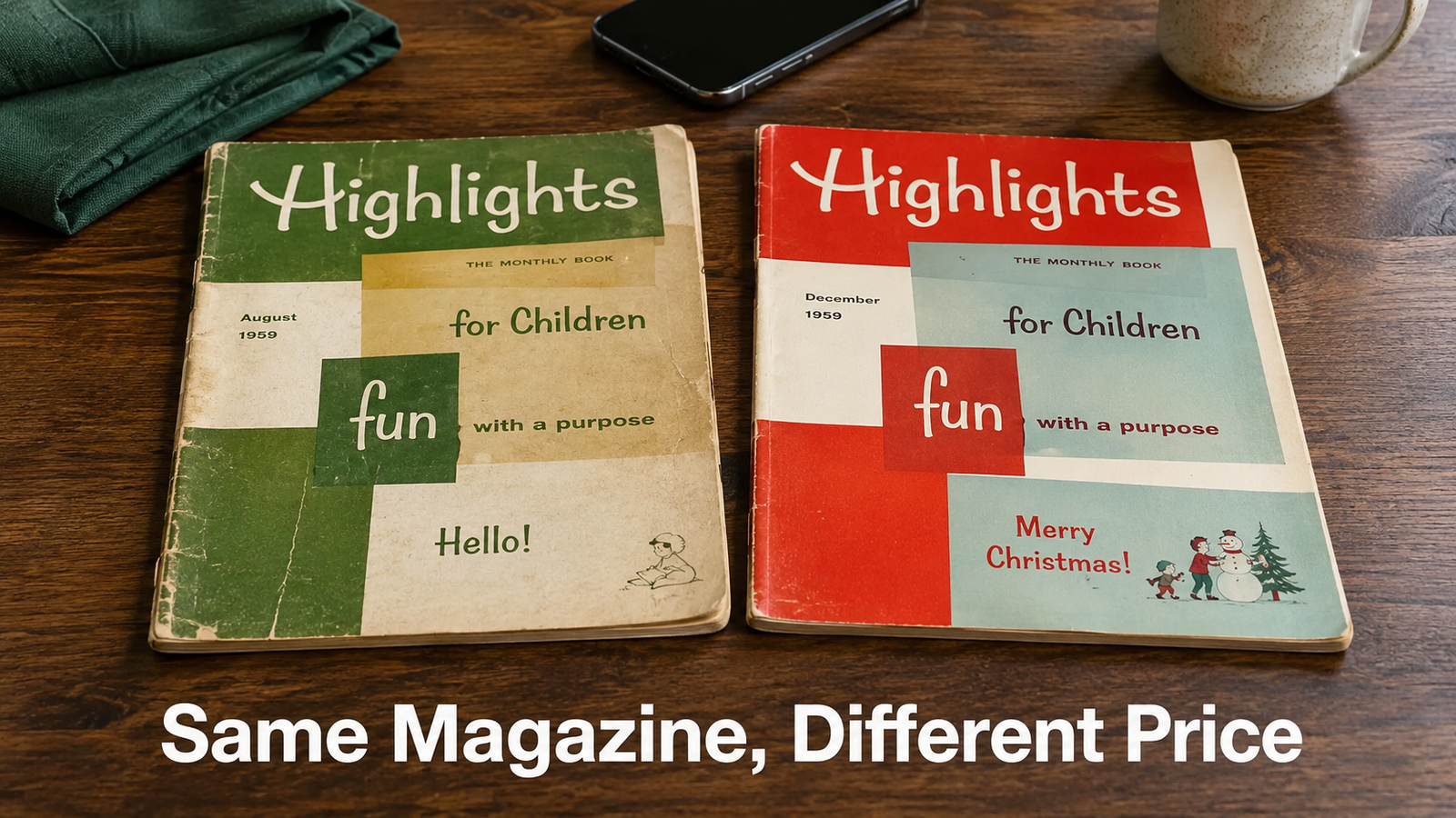A plain 1960s Highlights for Children issue and a seasonal December issue lying side by side on a dark walnut table in honest daylight, both showing real handling wear.