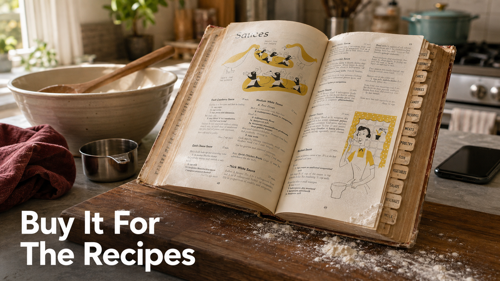 A thick 1940s hardcover cookbook lying open on a modern kitchen counter, thumb tabs visible along the page edges, flour dusted nearby beside a mixing bowl and wooden spoon.