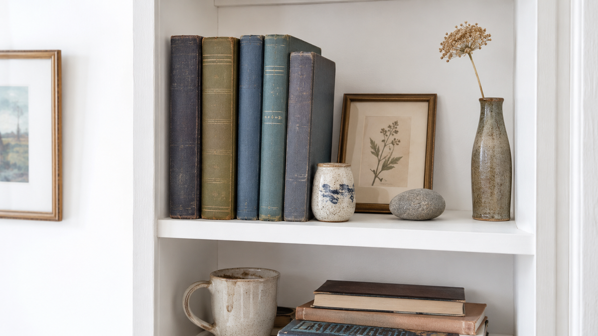 Five carefully chosen vintage hardcovers grouped on a bright shelf with a small framed print and a mug.